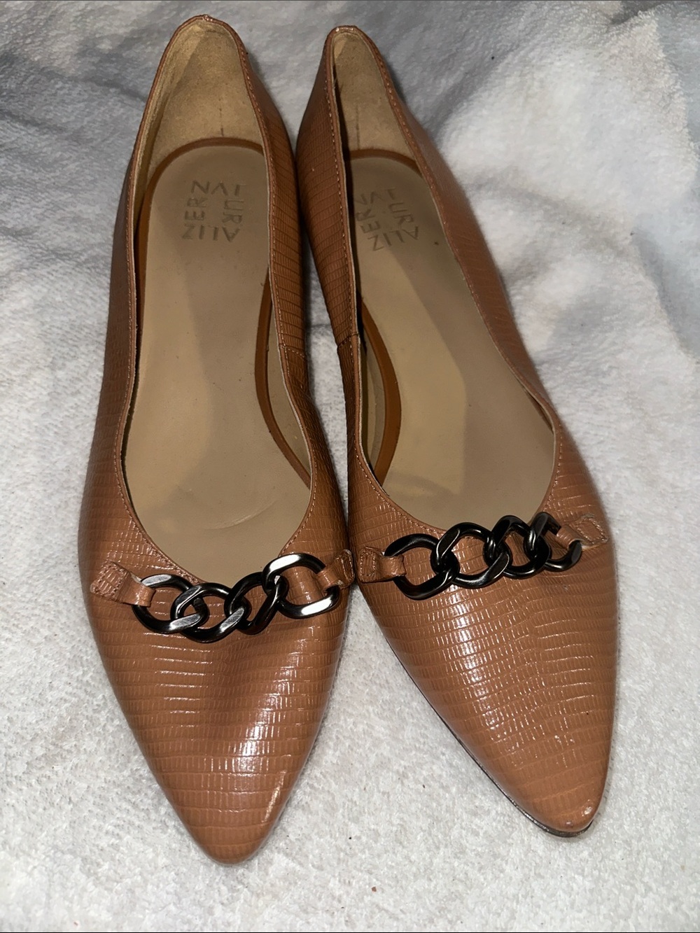 Naturalizer Camel/Tan Pointed Toe Flats with Chain Accent